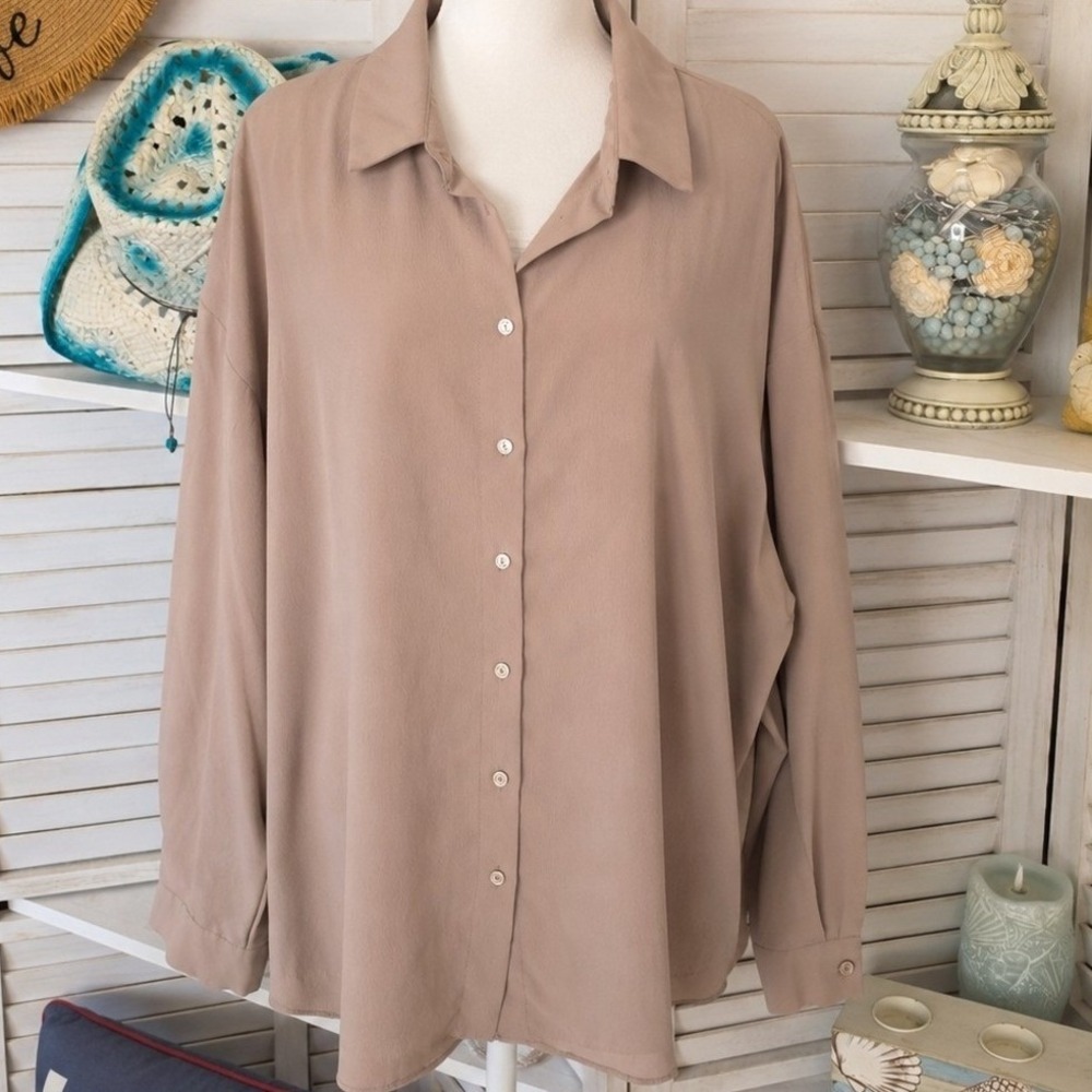 New Look Relaxed Button Front Shirt Size 12 Taupe Tan Minimalist Office Nuetral